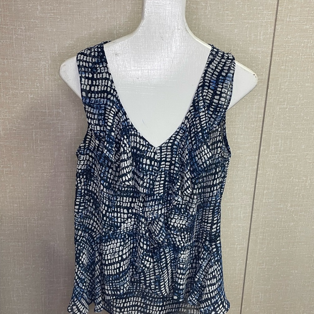 Blue and White Patterned Sleeveless Top with ruffles